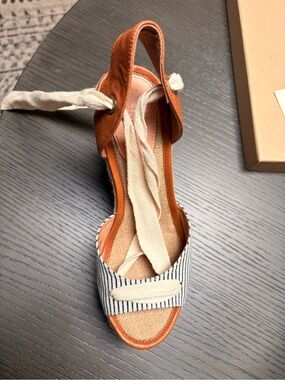 JOIE Women’s Espadrille Wedge Sandal in Tan and Black Stripe